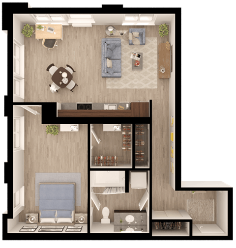 a 3d rendering of a bedroom with a living room